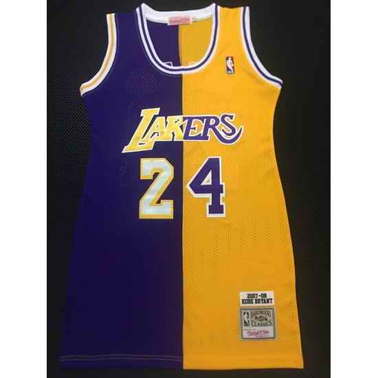Women Los Angeles Lakers 24 Kobe Bryant Dress Stitched Jersey Yellow Purple Split
